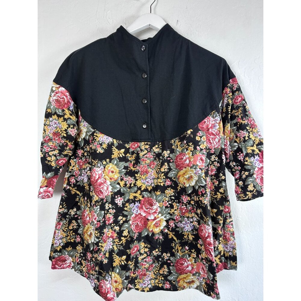 Vintage Harvey Celler Womens Black Floral High Neck Tunic Top Medium 3/4 Sleeve